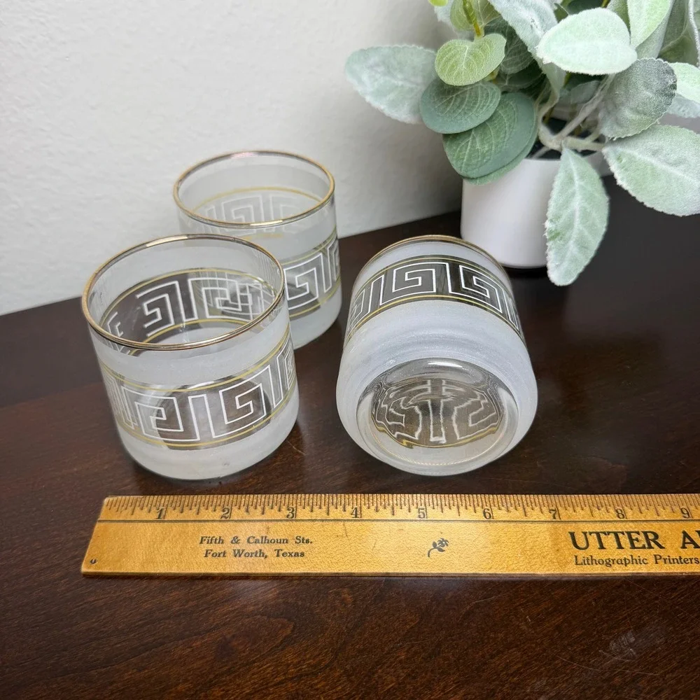 Vintage Frosted Greek Key Rocks Glasses Gold Rim MCM Lowball Set of 3 White Gold